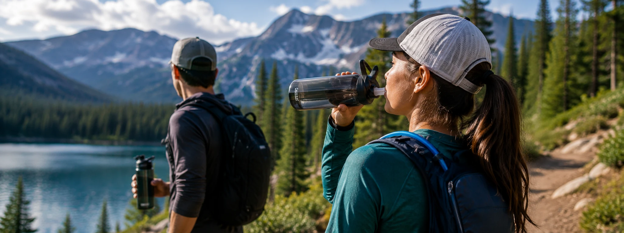 Hikers drinking from CamelBak water bottles on a mountain trail