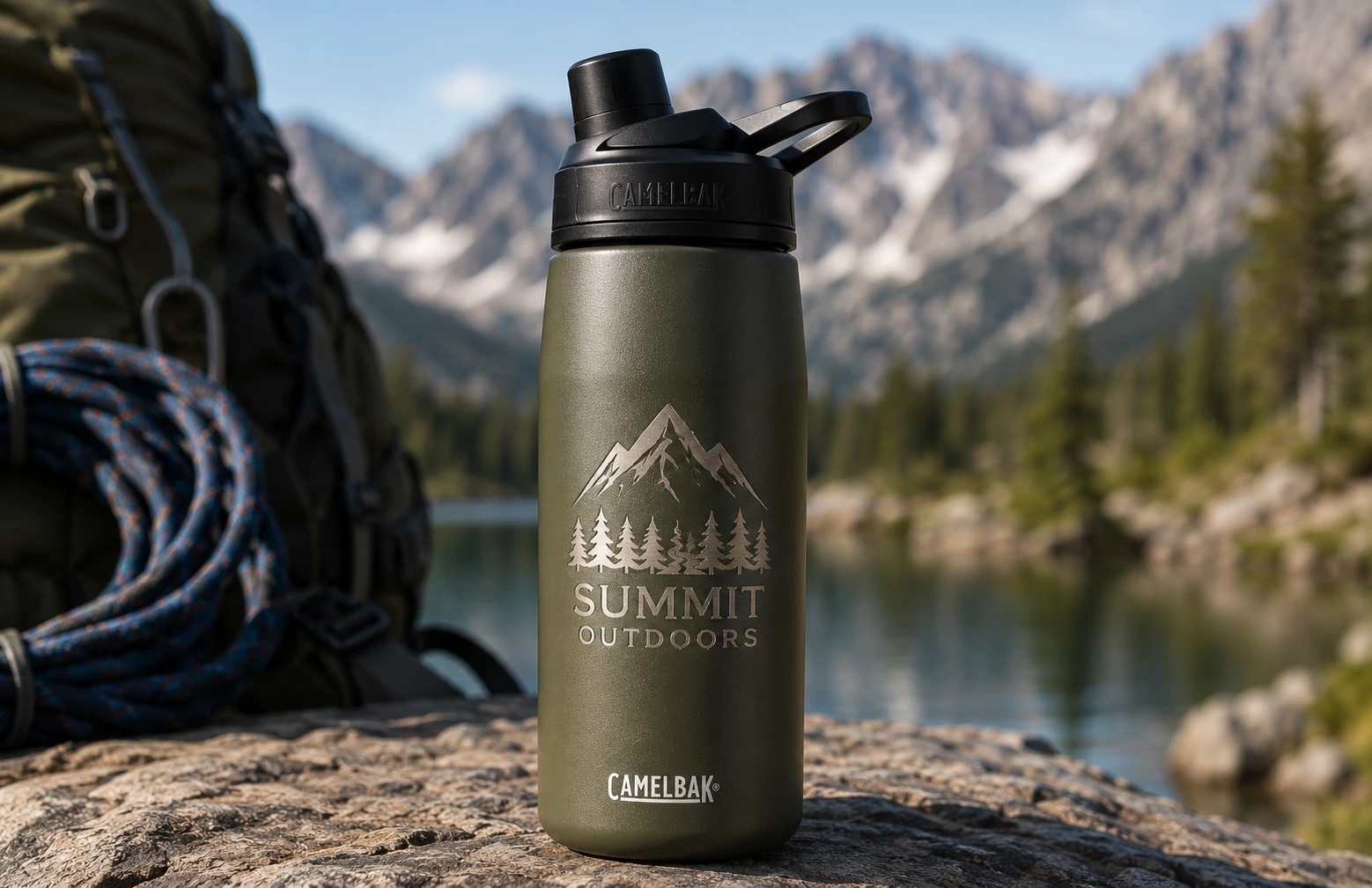 Laser engraved logo on an insulated stainless CamelBak Thrive bottle