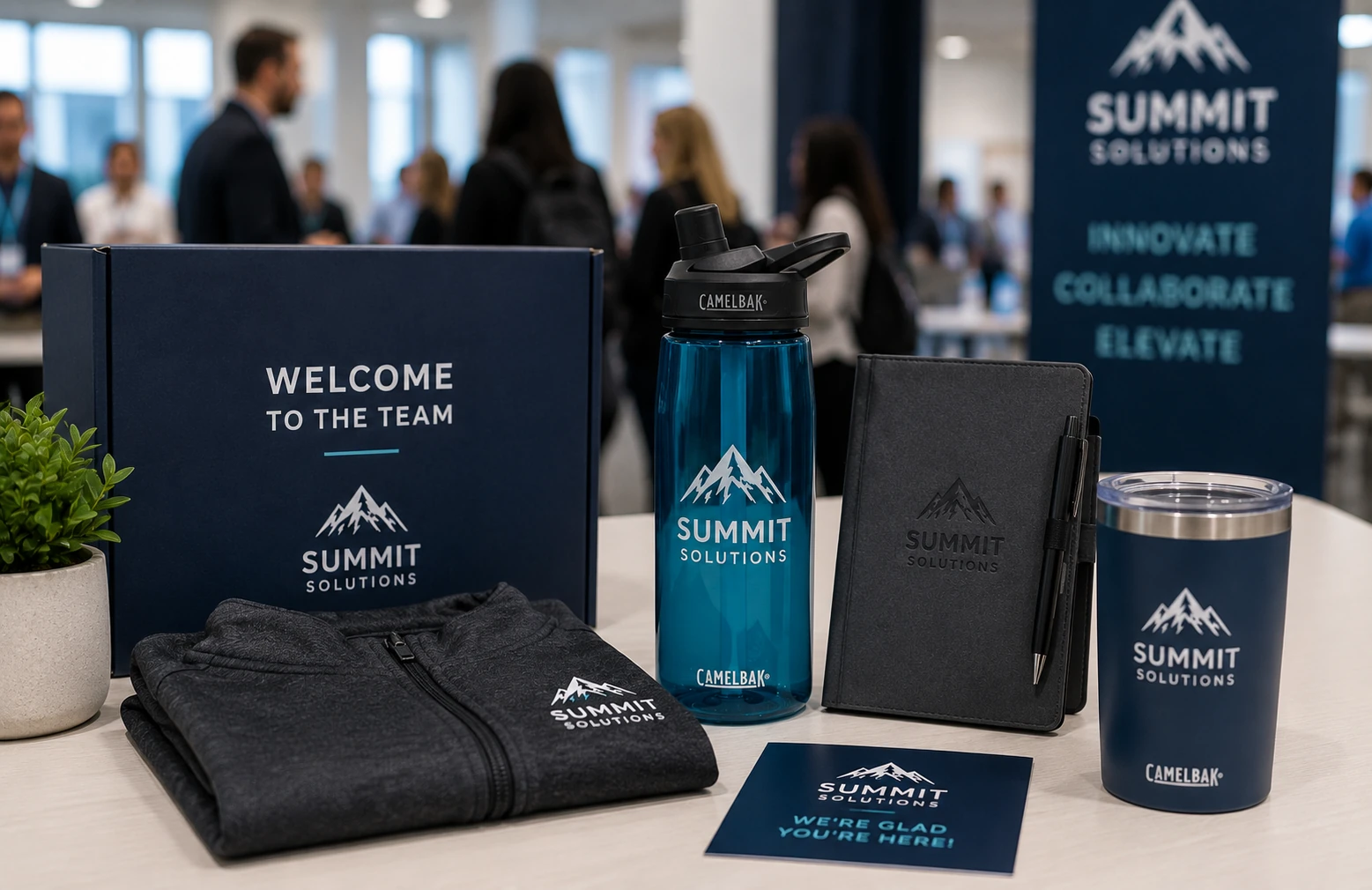 Branded CamelBak bottle in a new hire welcome kit at a company event
