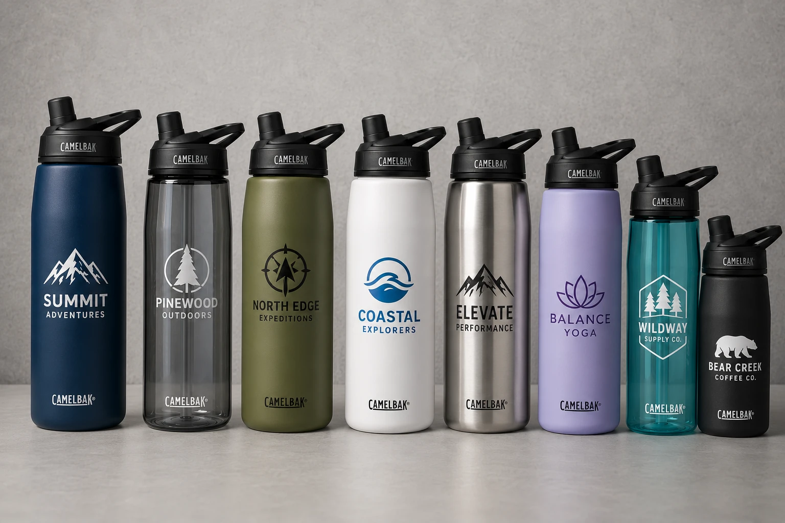 CamelBak Eddy+, Carry Cap, and Podium bottles with custom logos shown together