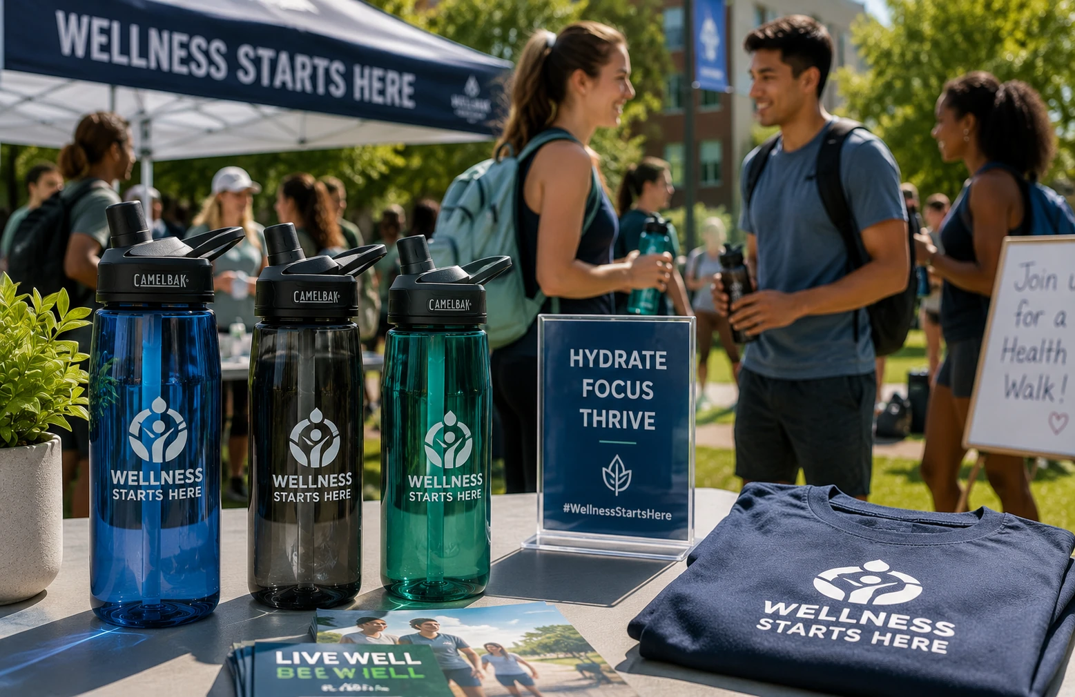 Branded CamelBak bottles at a corporate wellness event on campus