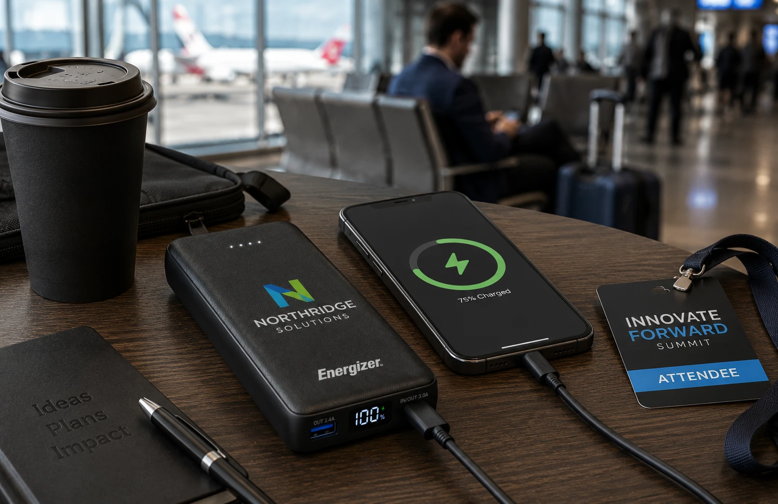 Logo Energizer power bank fast charging a phone at an airport gate beside a conference badge