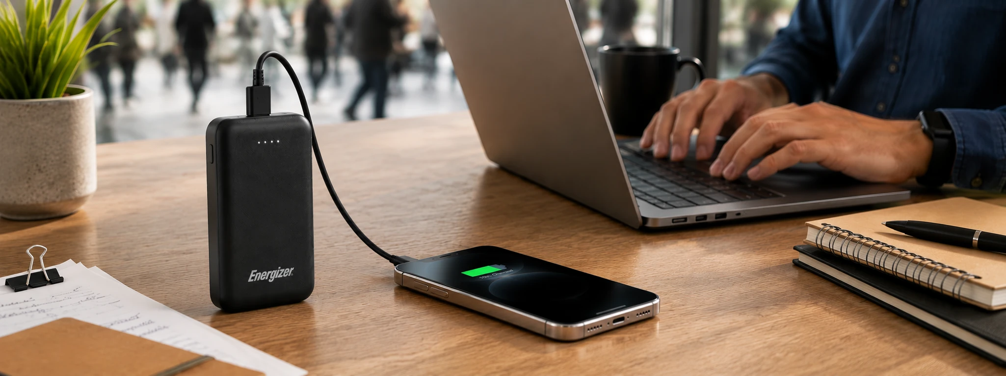 Energizer power bank charging a phone on a busy workday desk beside a laptop