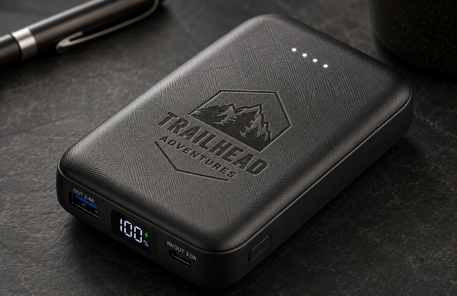 Laser engraved company logo on the face of an Energizer power bank
