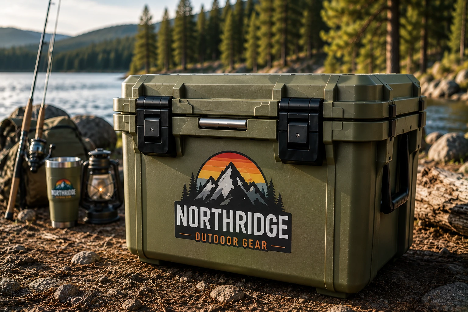 Full color company logo printed on an olive green hard cooler by a lake