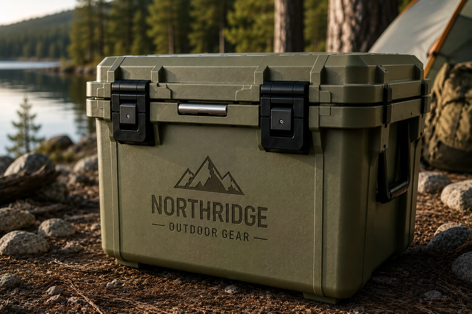 Laser engraved company logo on an olive green hard cooler at a campsite