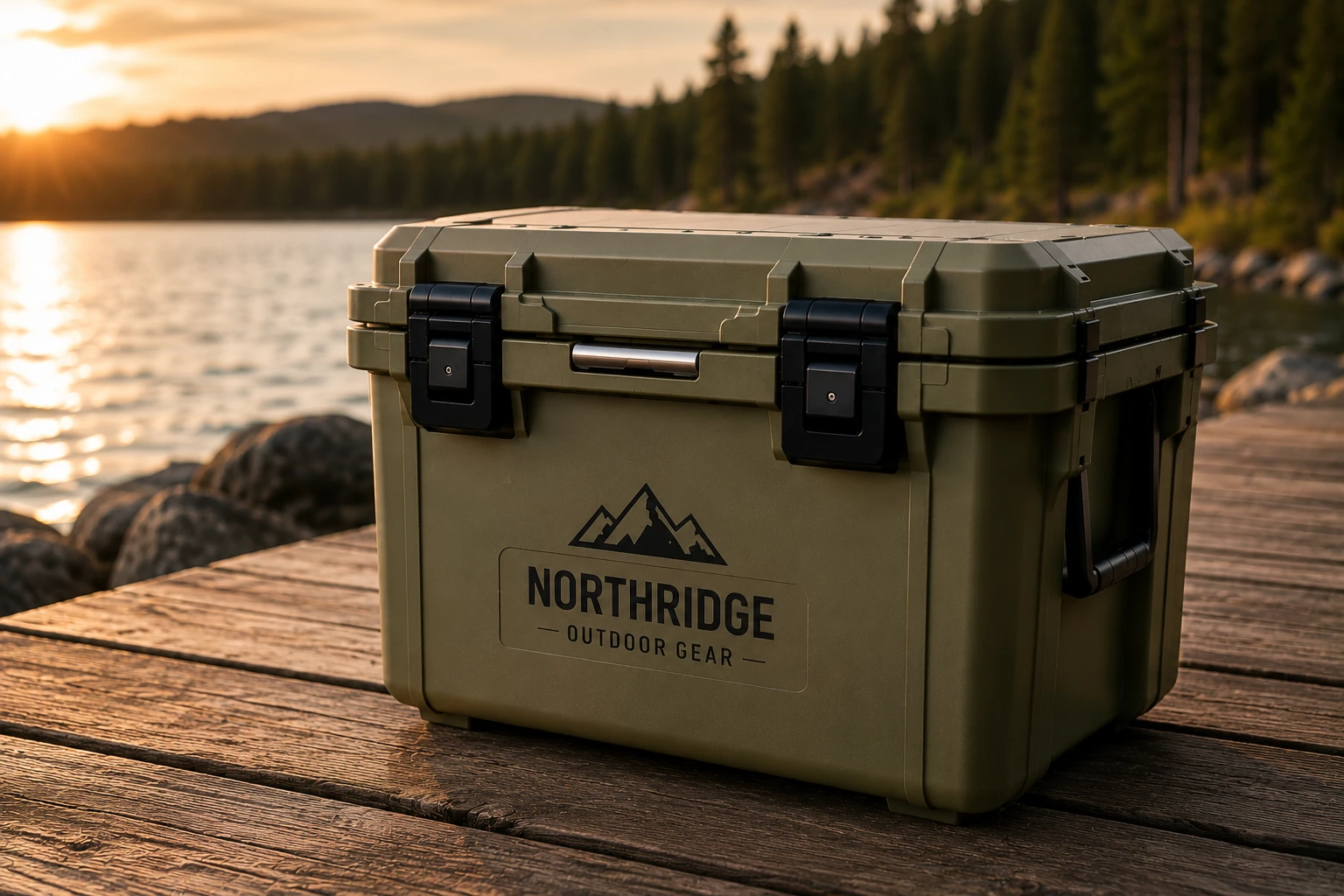 Olive green hard cooler with a company logo on a lakeside dock at sunset
