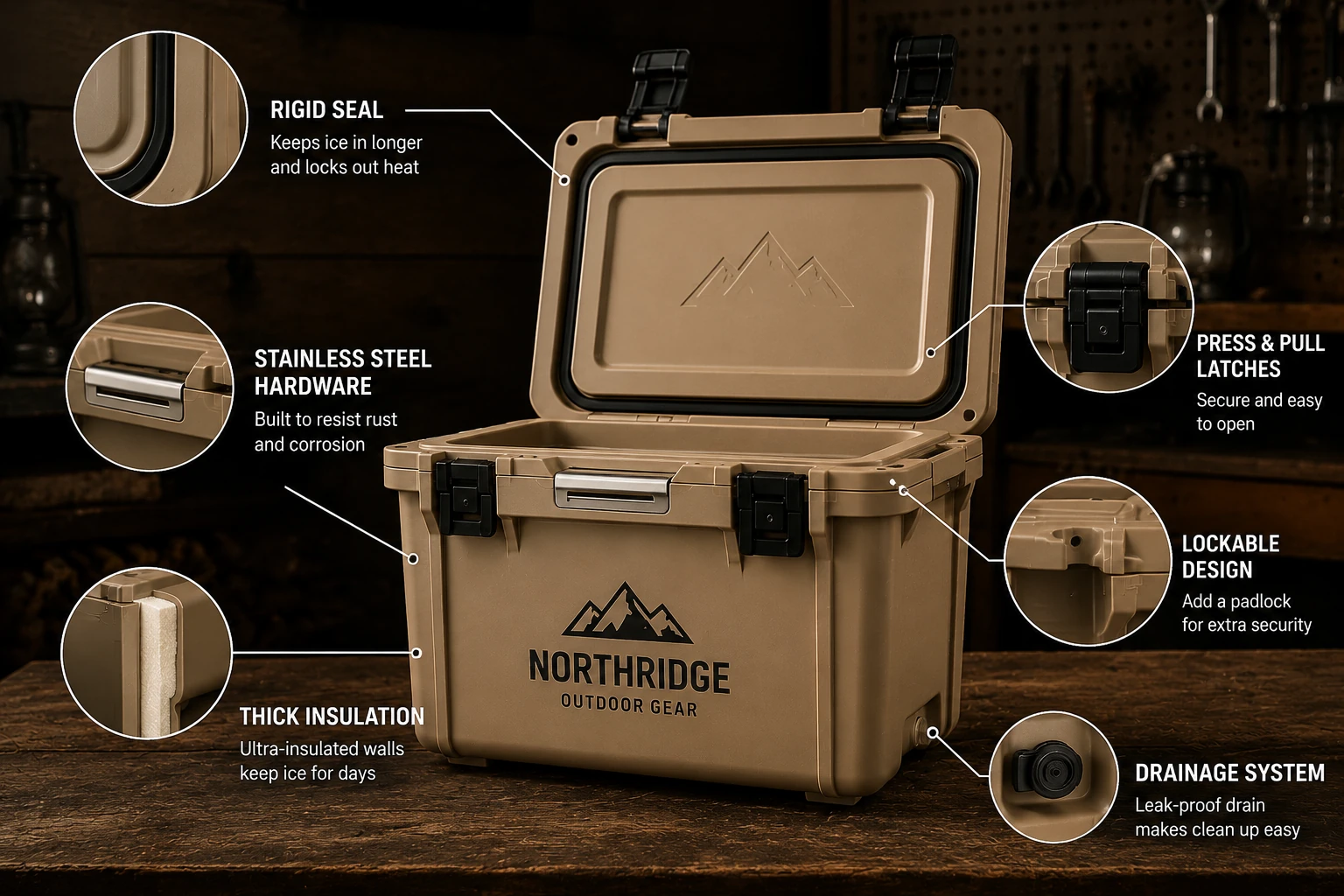 Labeled closeup diagram of Pelican cooler features including the rigid seal, stainless steel hardware, thick insulation, latches, lockable corners, and drain system