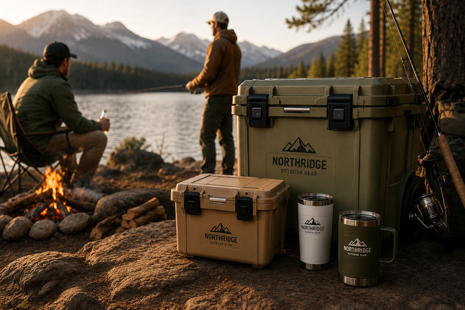 Branded coolers and tumblers at a lakeside campsite while two men fish at sunset