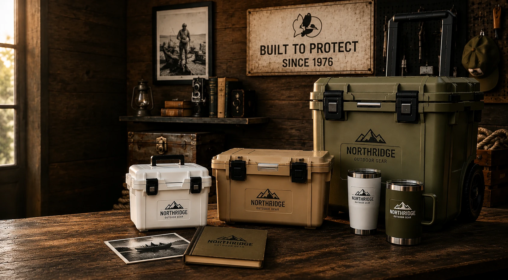 Pelican coolers and drinkware customized with a company logo in a workshop setting