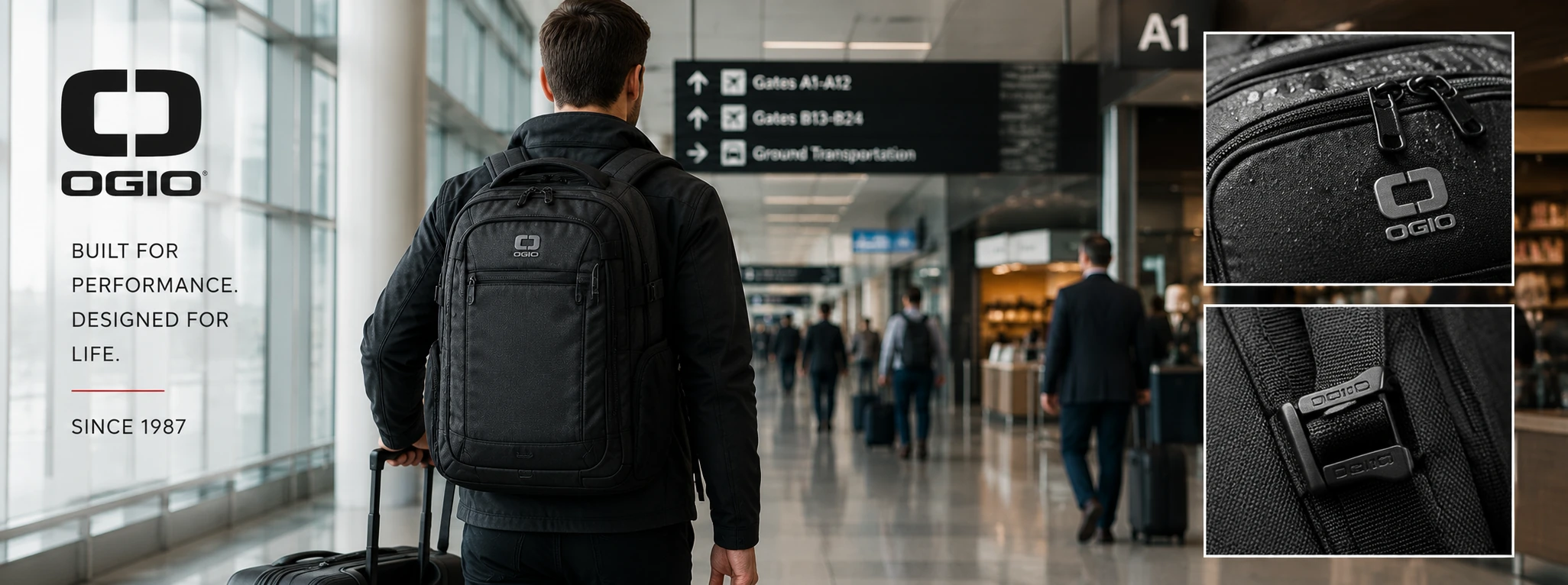 Traveler carrying an OGIO backpack through an airport with build quality details