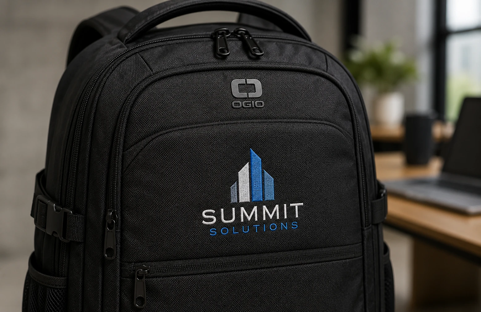 Embroidered Summit Solutions logo on the front panel of a black OGIO business backpack