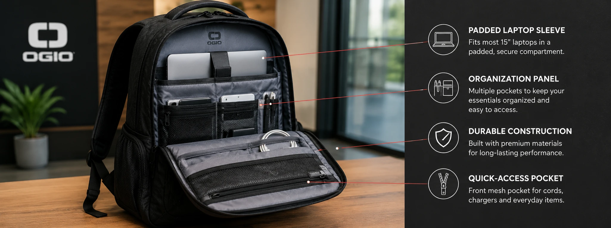 Open OGIO backpack showing padded laptop sleeve, organization panel, and quick-access pockets