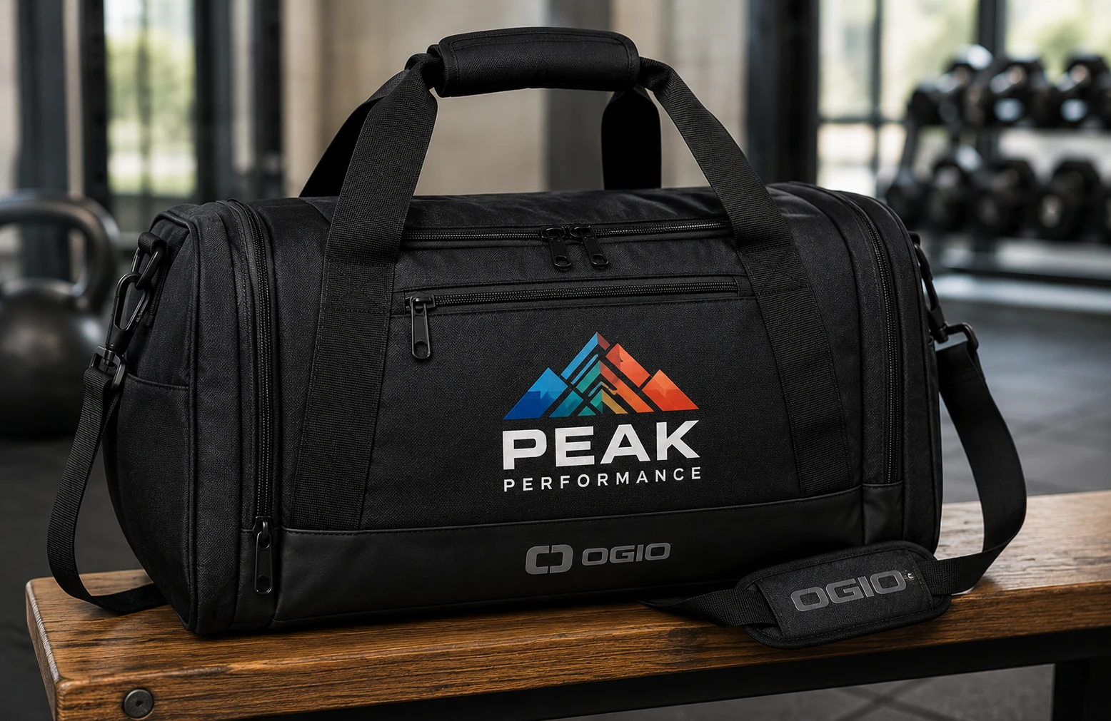 Full-color Peak Performance logo printed on a black OGIO duffel bag