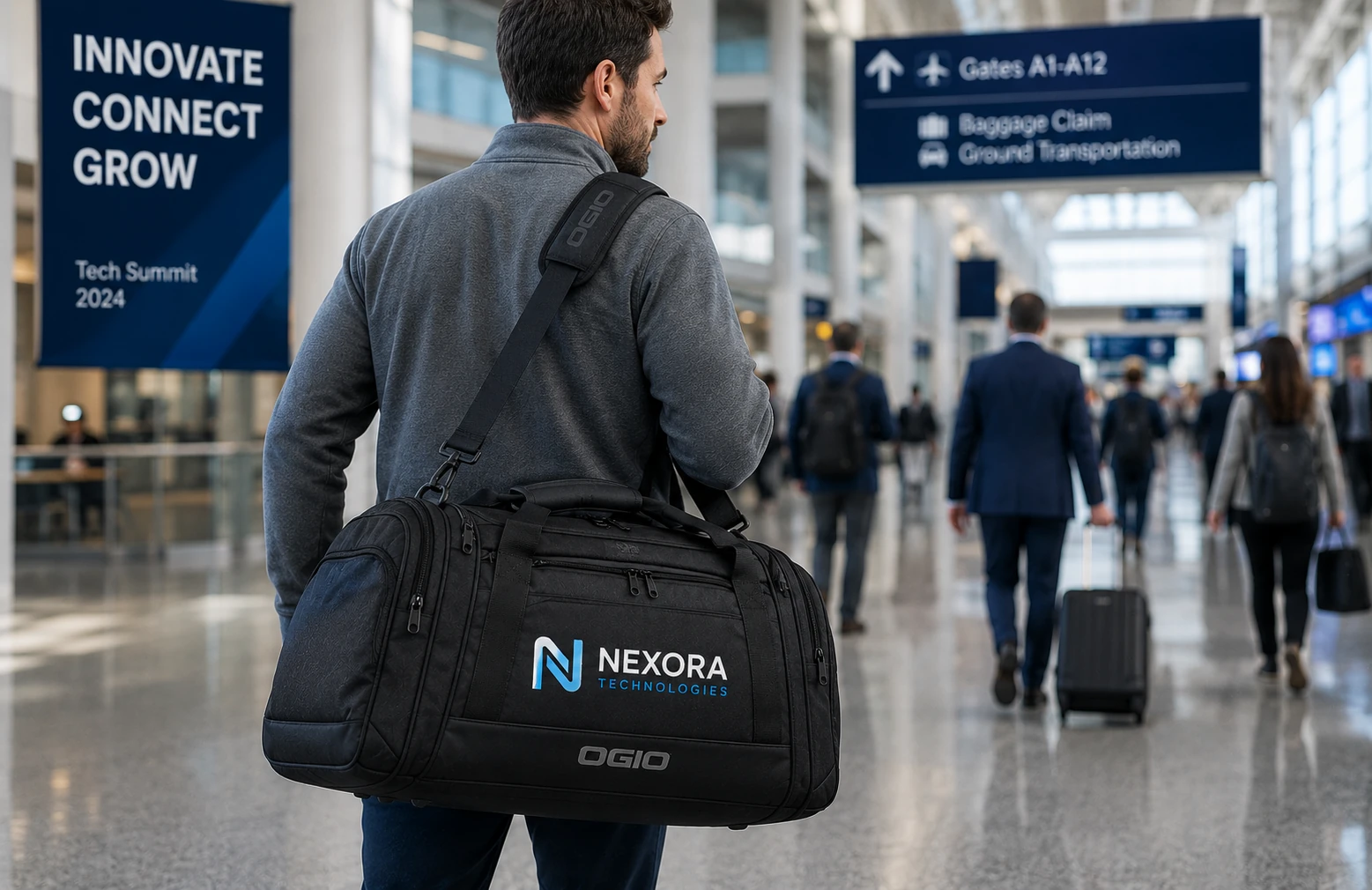 Logo OGIO duffel travel bag carried through an airport terminal on the way to a conference