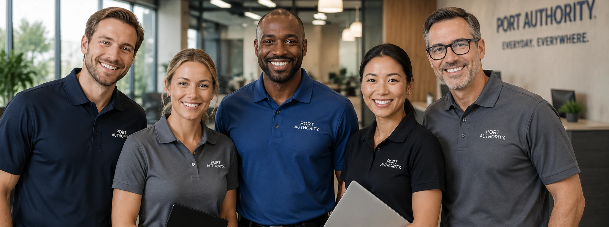 Team wearing matching embroidered Port Authority polos in a modern office