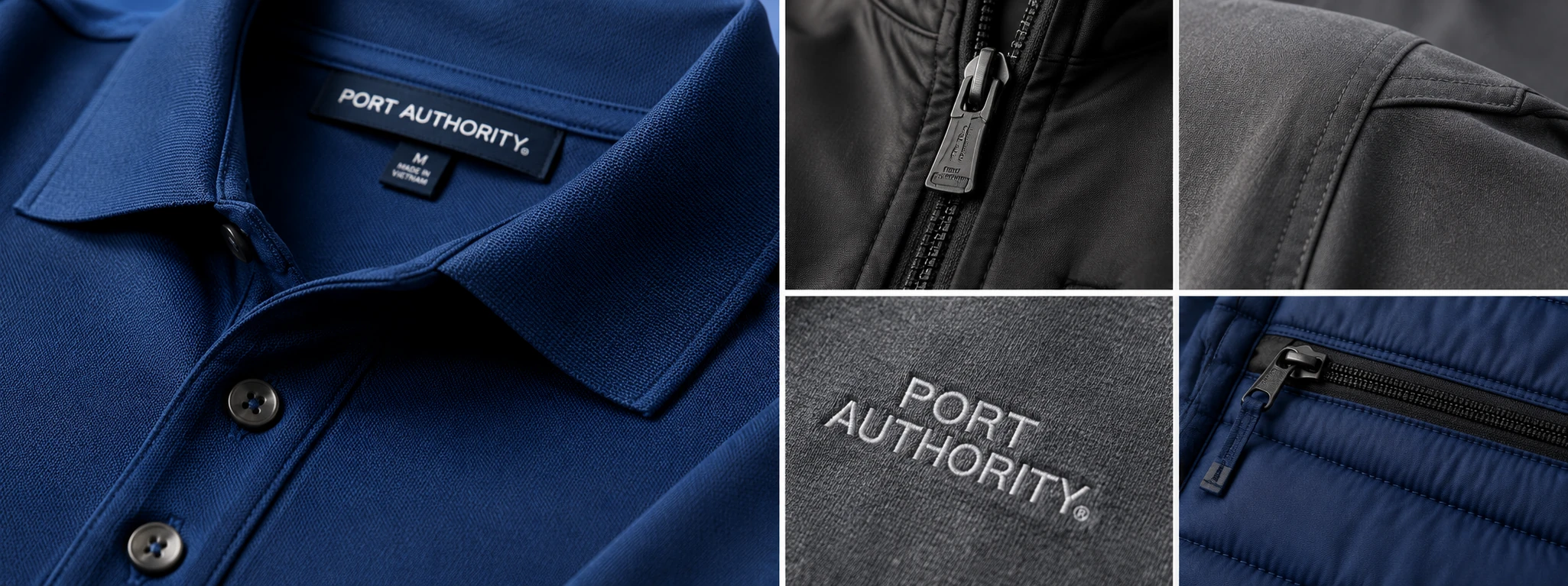 Close-up collage of Port Authority fabric textures, stitching, zippers, and embroidered branding