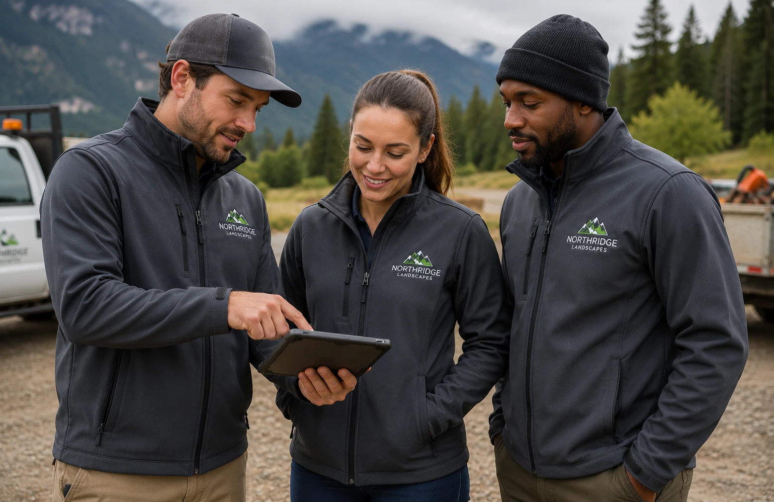 Field crew in branded Port Authority soft shell jackets reviewing plans at an outdoor job site
