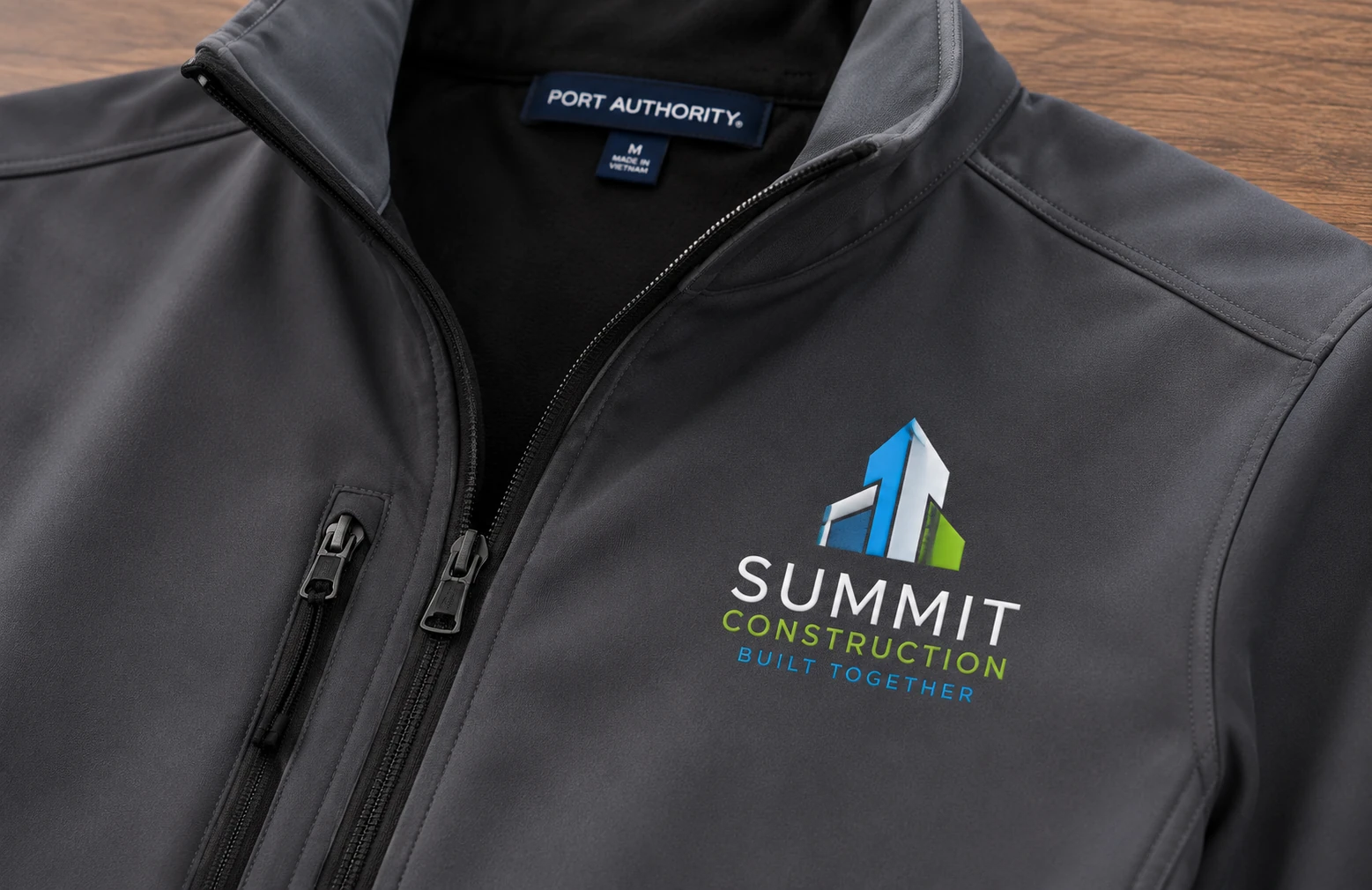 Multi-color printed company logo on a gray Port Authority soft shell jacket