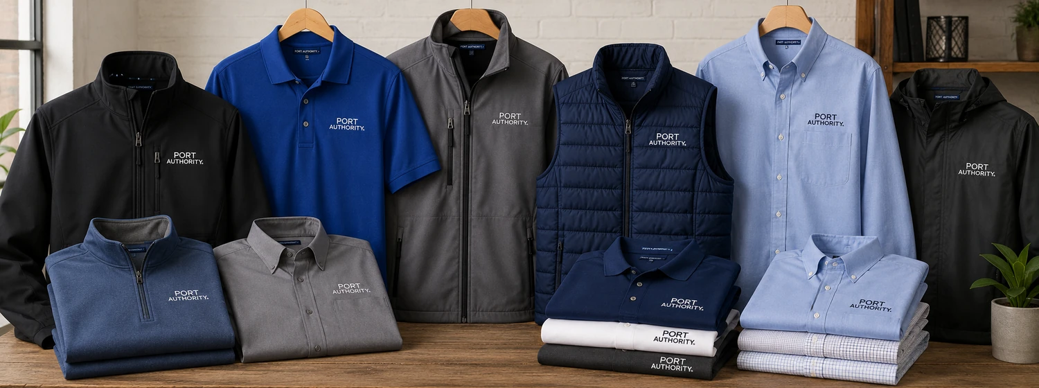 Port Authority polos, soft shell jackets, vests, and easy care shirts with embroidered logos shown together