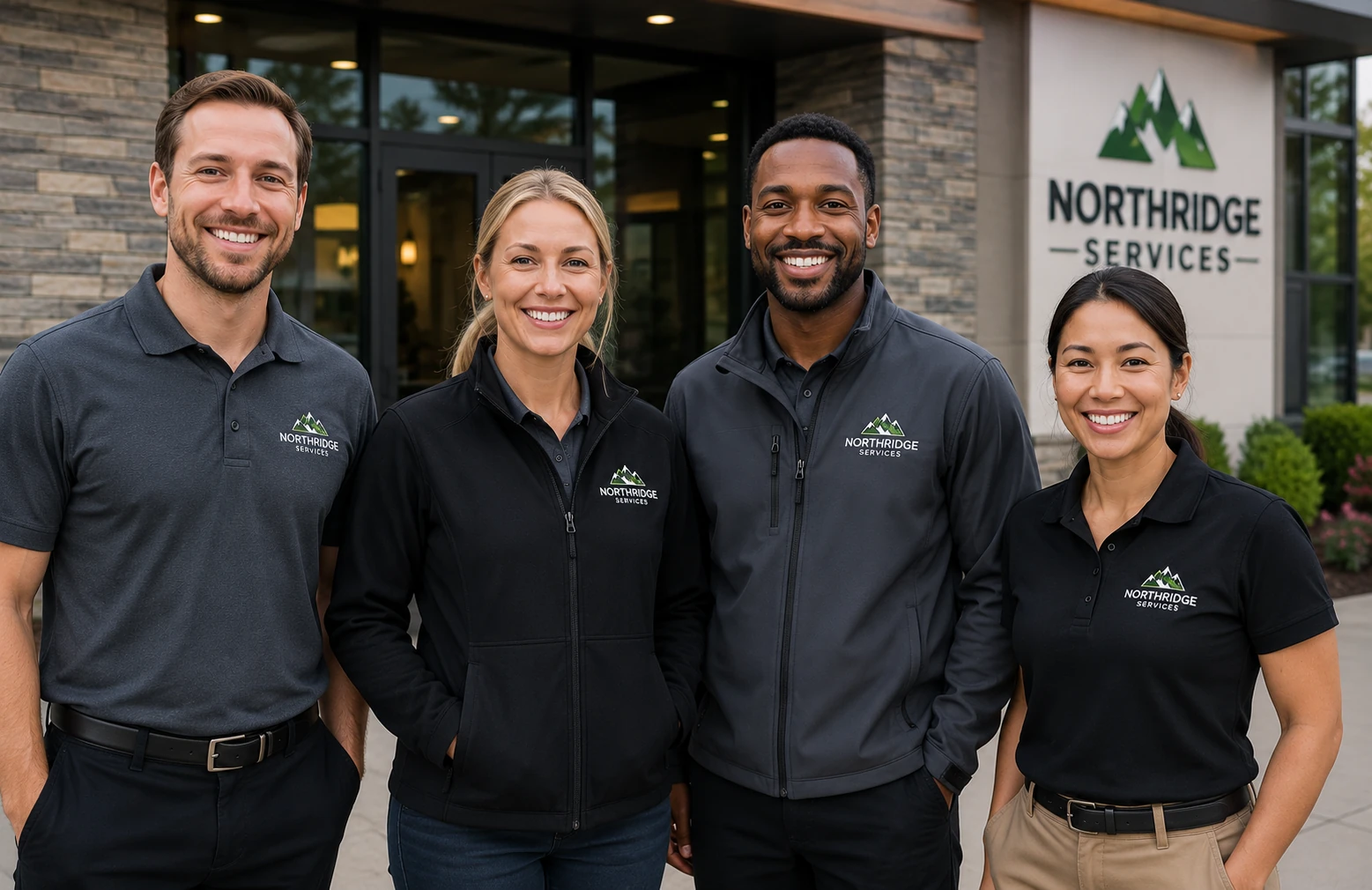 Team in matching embroidered Port Authority polos and jackets outside their storefront