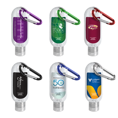 1.9 oz. Clear Sanitizer in Clear Bottle with Carabiner Collage 1.9 oz. Clear Sanitizer in Clear Bottle with Carabiner Collage