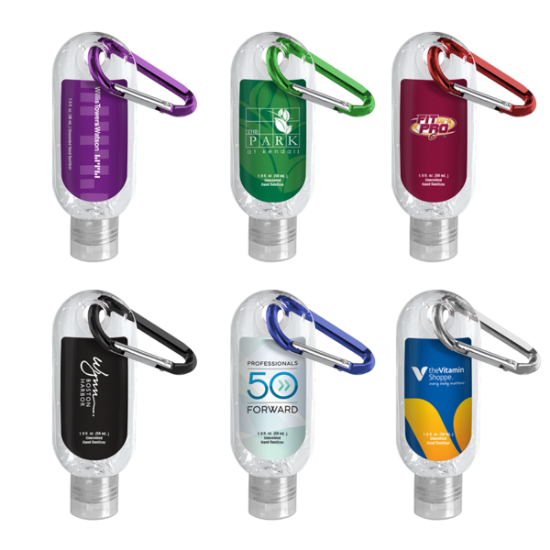 1.9 oz. Clear Sanitizer in Clear Bottle with Carabiner Collage