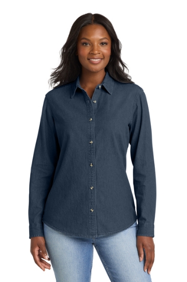 Port & Co™ Women's Long Sleeve Value Denim Shirt - Ink Blue