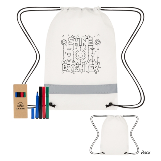 Picture of Lil' Bit Reflective Non-woven Coloring Drawstring Bag With 4-piece Washable Marker Set