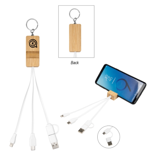 Picture of Bamboo Phone Holder Keyring With Charging Cables