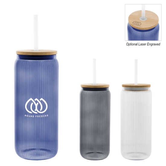 Picture of 20 Oz. Ribbed Borosilicate Glass Can With Bamboo Lid