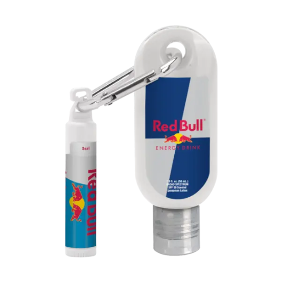 Custom 1.9 oz. SPF 50 Sunscreen with Carabiner and SPF 15 Lip Balm in White Tube with Hook Cap