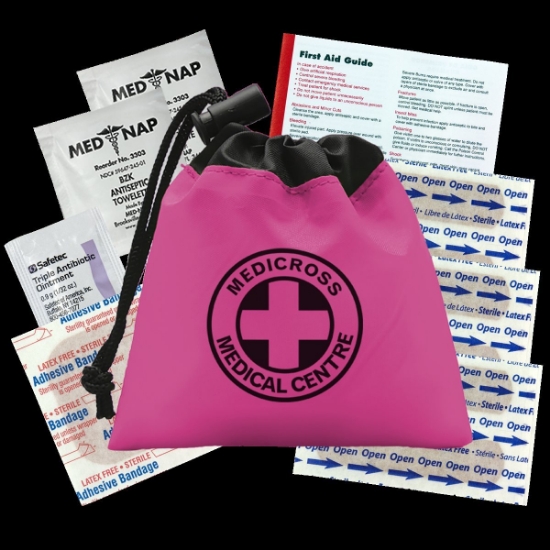 Garyline® Cinch Pouch First Aid Kit - 11 Piece - Hot Pink with Black Trim