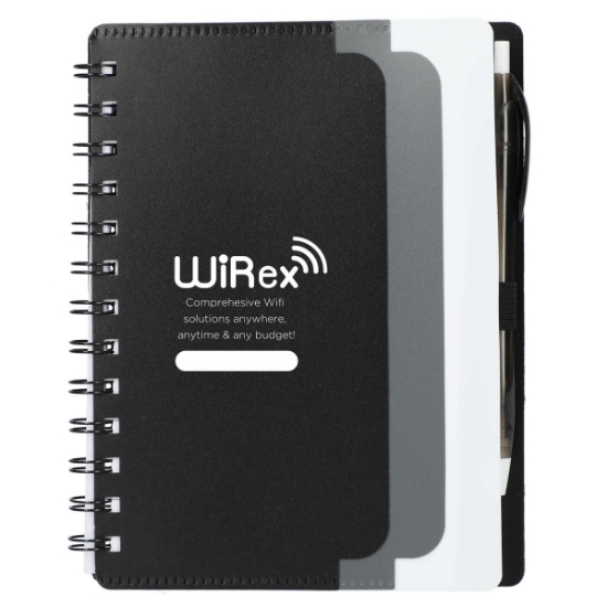5'' x 7'' Recycled Dual Pocket Spiral Notebook w Pen - Black