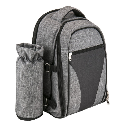 Wine & Picnic Cooler Backpack for Four + Fleece Blanket - Black