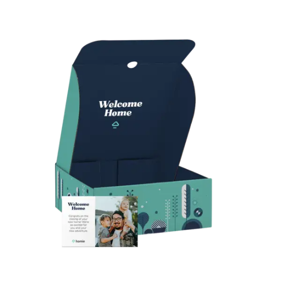 10" x 10" x 4" Custom White Corrugate Gift Box and 4" x 6" Card - Group