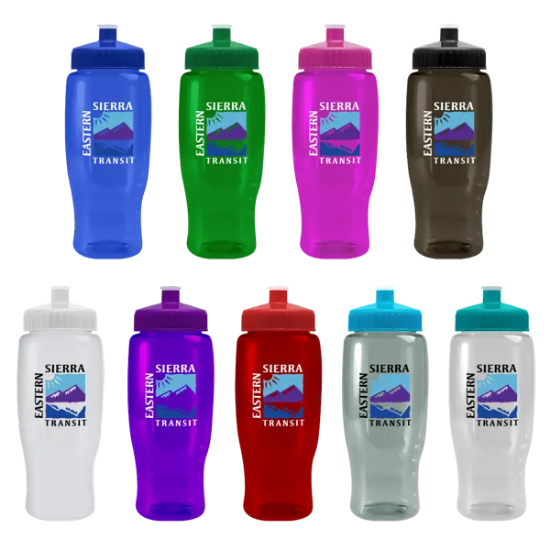 Pedal Pusher 27oz Recycled Transparent Contour Bottle w/Push-Pull Lid - Group