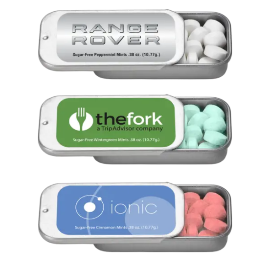 2" x 1" Small Silver Rectangular Slider Tin with Mints - Group