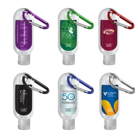 1.9 oz. Clear Sanitizer in Clear Bottle with Carabiner - Group