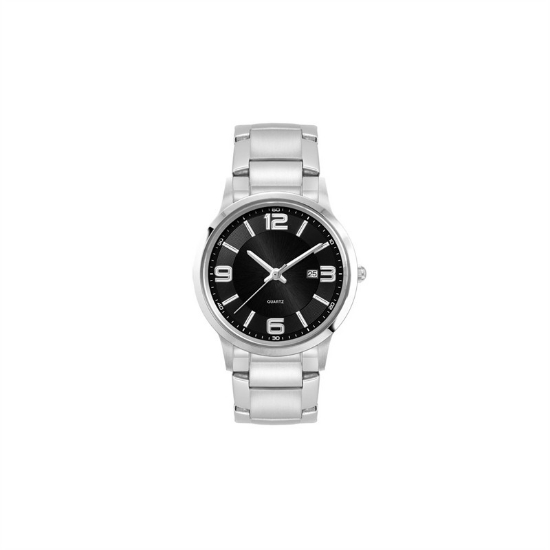 Ladies Black Case Watch Ladies Silver Stainless Steel Case, Black Sunray Dial, and Silver Stainless 