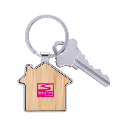 Bamboo & Metal House Keychain