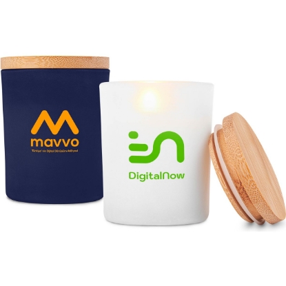 Custom Vanilla-Scented Soy Wax Candle in Glass Jar w/Bamboo Lid (La with Logo H103