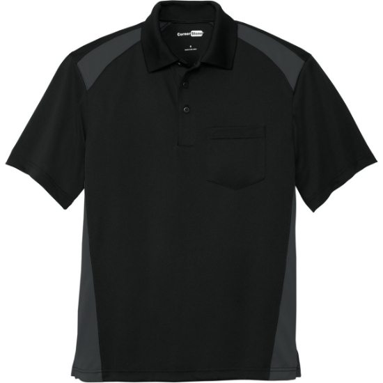 Custom CornerStone Select Snag-Proof Two Way Colorblock Pocket Polo. Black/Charcoal Gray
