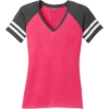 Custom District Womens Game V-Neck Tee. Heather Watermelon/Heather Charcoal Gray
