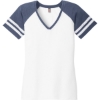 Custom District Womens Game V-Neck Tee. White/Heathered True Navy Blue