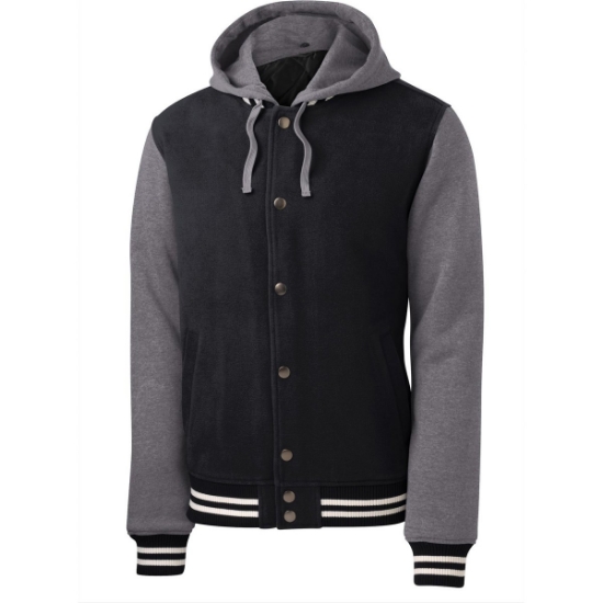 Custom Sport-Tek Insulated Letterman Jacket. Black/Vintage Heather Gray