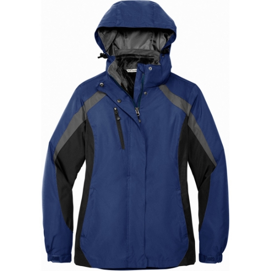Custom Port Authority Womens Colorblock 3-in-1 Jacket. Admiral Blue/Black/Magnet Gray