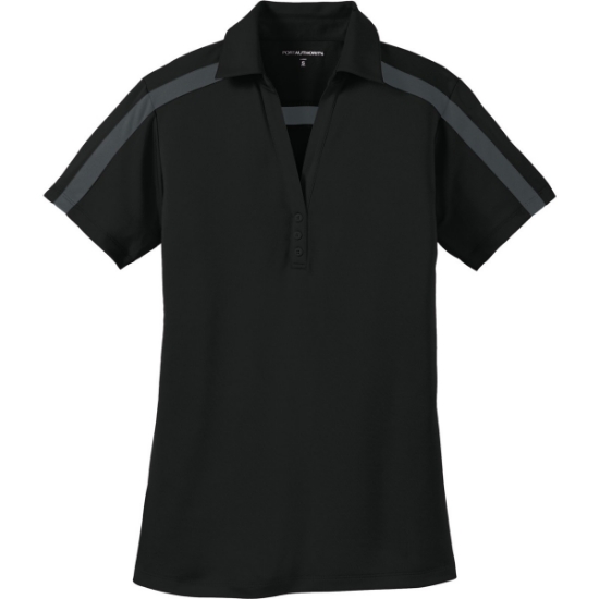 Custom Port Authority Womens Silk Touch Performance Colorblock Stripe Polo. Black/Steel Gray