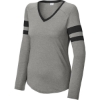 Custom Sport-Tek Womens Halftime Stripe Long Sleeve V-Neck Tee Black/Vintage Hthr Gray