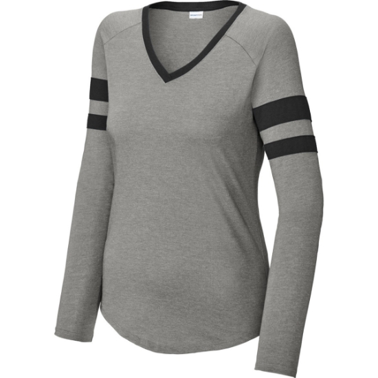 Custom Sport-Tek Womens Halftime Stripe Long Sleeve V-Neck Tee Black/Vintage Hthr Gray